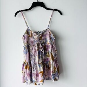 American Eagle Tank Top Floral Pastel Smocked Babydoll Womens XS Boho Hippie